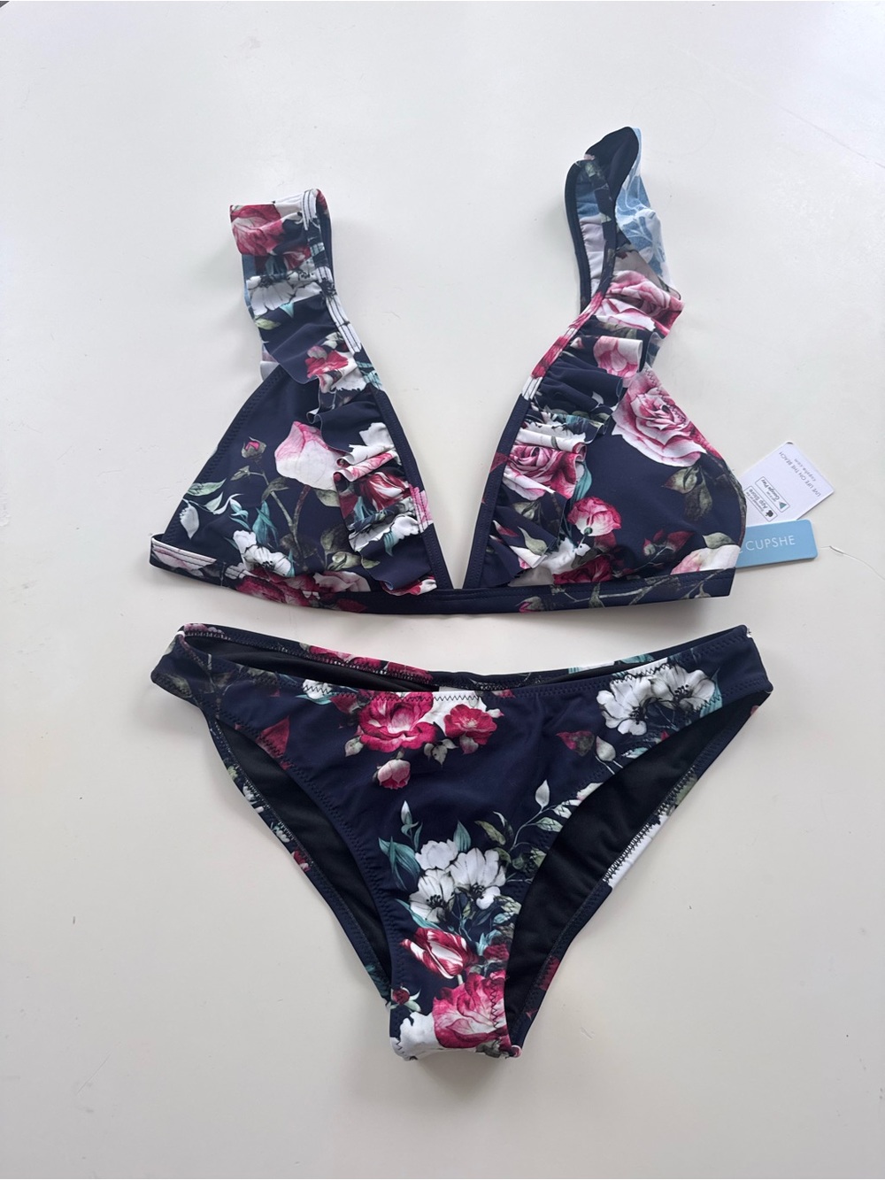 Cupshe Navy Floral Ruffle Triangle Bikini - Pink, White & Green
